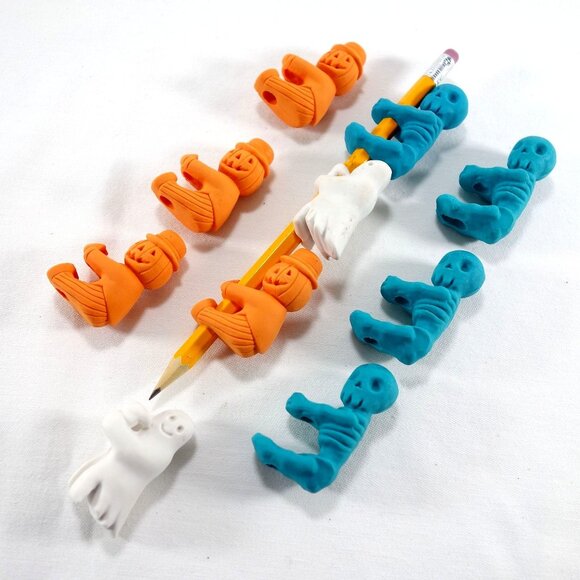 Halloween-Themed Pencil Toppers Set Of 10 Ghosts Skeletons & Pumpkin Heads - Picture 1 of 4